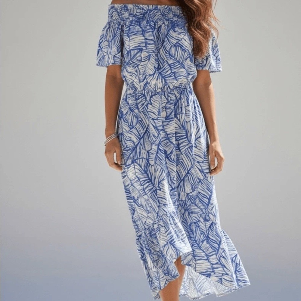 Vineyard Vines Blue White Palm Leaf Silk Blend Smocked High Low‎ Midi Dress 4